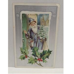 Antique Christmas Postcard Santa Claus Dressed in Blue Knocking on Door Germany